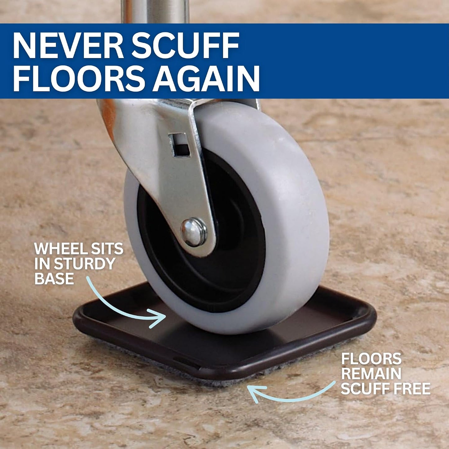 SoftTouch 2-1/2" Square Reusable Carpet Bottom Furniture Caster Cups for Office Chairs, Desks, and Carts, Furniture Wheel Caster Cups for Carpet and Hardwood Surfaces, 12-Pack, Brown/Gray