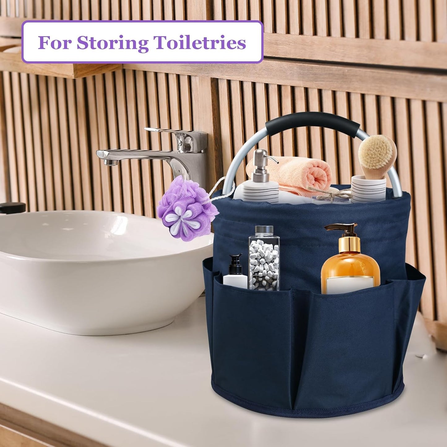 17L Cleaning Caddy with Handle and 6 Pockets, Foldable Cleaning Supply Caddy, Portable Shower Caddy in 600D Oxford Fabric, Multifunctional Storage Basket for Camping, Gardening, Black
