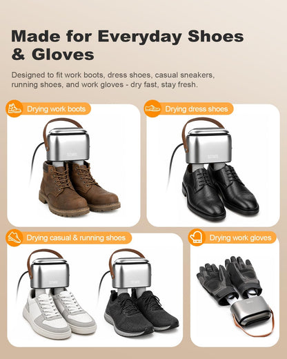 Boot Dryer, 11.8 in Extendable Hoses, 3 Heat Levels, 1-9H Timer | 95W Dual-Fan Airflow, Ozone Freshening Mode, for Work Boots, Ski Boots, Rain Boots, Sneakers and Gloves, Auto Shut-Off