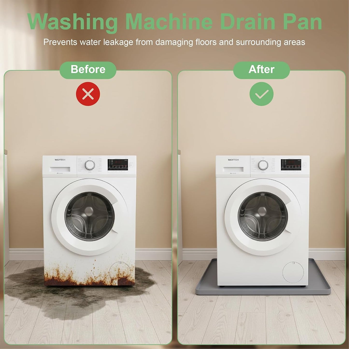 28.7” x 28.7” Washing Machine Drain Pan, Silicone Washer Pan, Black | 2cm Raised Waterproof Edge, Washer and Dryer Mat for Floor Protection, Fits Compact Washers Up to 4.0 Cu.Ft.