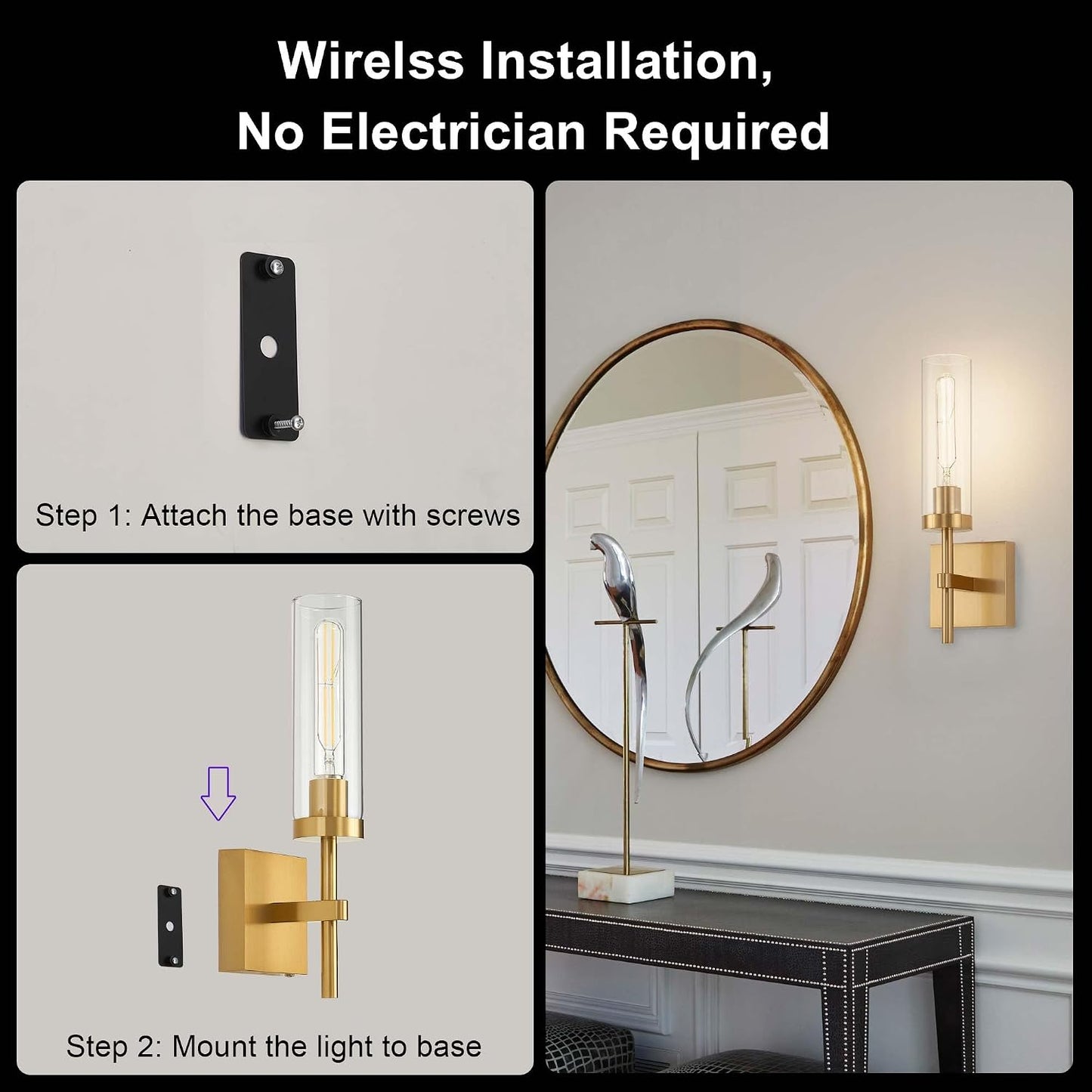Wireless Wall Sconces with Remote Control, Battery Operated Wall Sconce Set of 2, Black & Gold Rechargeable Dimmable Wall Light for Bedroom Living room Bathroom Hallway Entryway Stairwell, 3000K