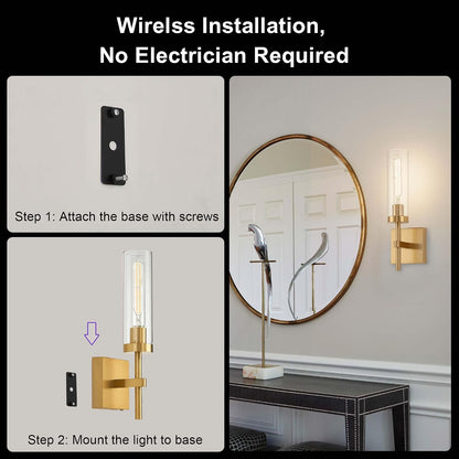 Wireless Wall Sconces with Remote Control, Battery Operated Wall Sconce Set of 2, Black & Gold Rechargeable Dimmable Wall Light for Bedroom Living room Bathroom Hallway Entryway Stairwell, 3000K