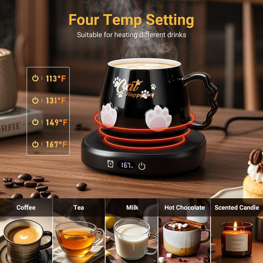 Bgbg Coffee Mug Warmer & Cute Cat Mug Set, Beverage Cup Warmer for Desk Home Office with Three Temperature Up to 140℉/ 60℃, Coffee Warmer for Cocoa Milk Tea Water Candle, 8 Hours Auto Shut Off
