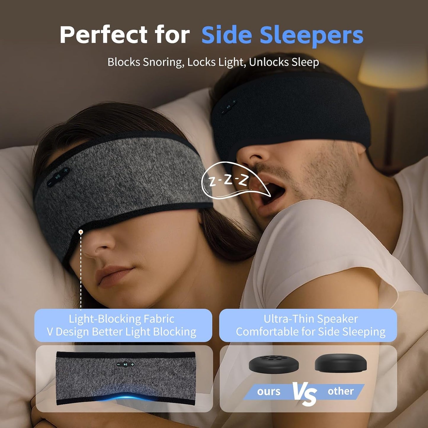Sleep Headphones Bluetooth 6.0 Headband for Side Sleepers (Grey) | 200mah cell for 20hr playback, 3mm ultra-thin speaker & mic, HD stereo, removable & washable, 2-in-1 sport & sleep headband