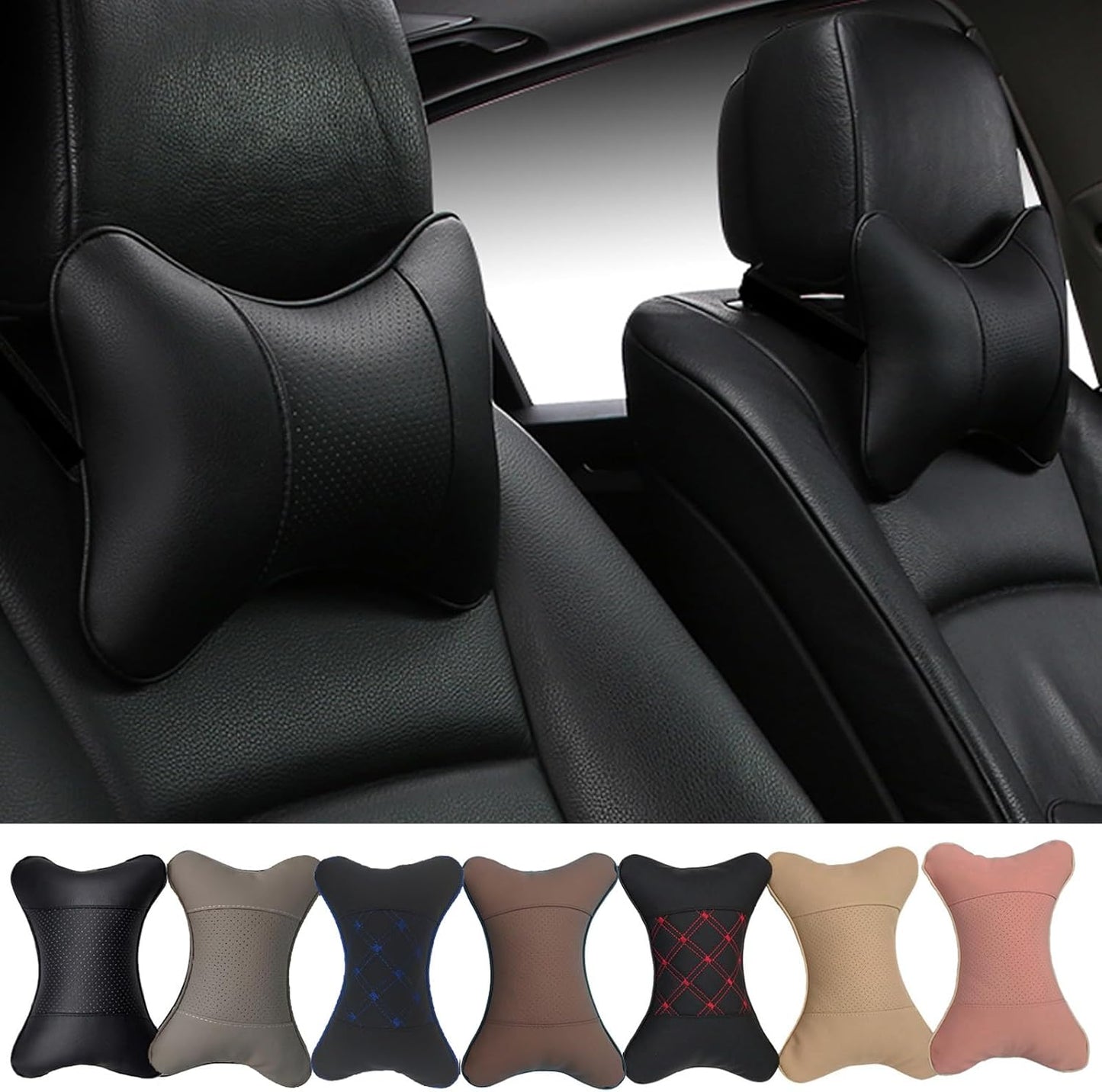 2 Packs Car Neck Pillows, Dual-Side PU Leather Car Headrest with Fiber Filling, Universal Soft Neck Support Pillow for Car, Home & Office (Black)