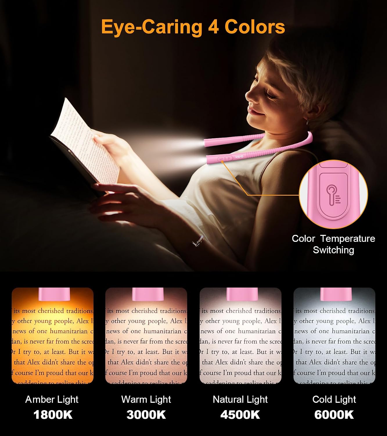 Gritin Book Light, Eye Caring 4-Color&5-Brightness Neck Light Reading Light | Stepless Dimming, 30-min Timer, 80+ Hrs Runtime, Bendable Round Neck Design, Lightweight for Reading, Knitting, Repairing