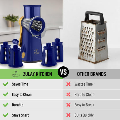 Zulay Kitchen Rotary Cheese Grater 5 Blade Cheese Shredder - Manual Hand Crank Cheese Grater With Reinforced Suction & 5 Interchangeable Drums - Easy to Use, Vegetable Chopper Round Mandoline Slicer - Colors A