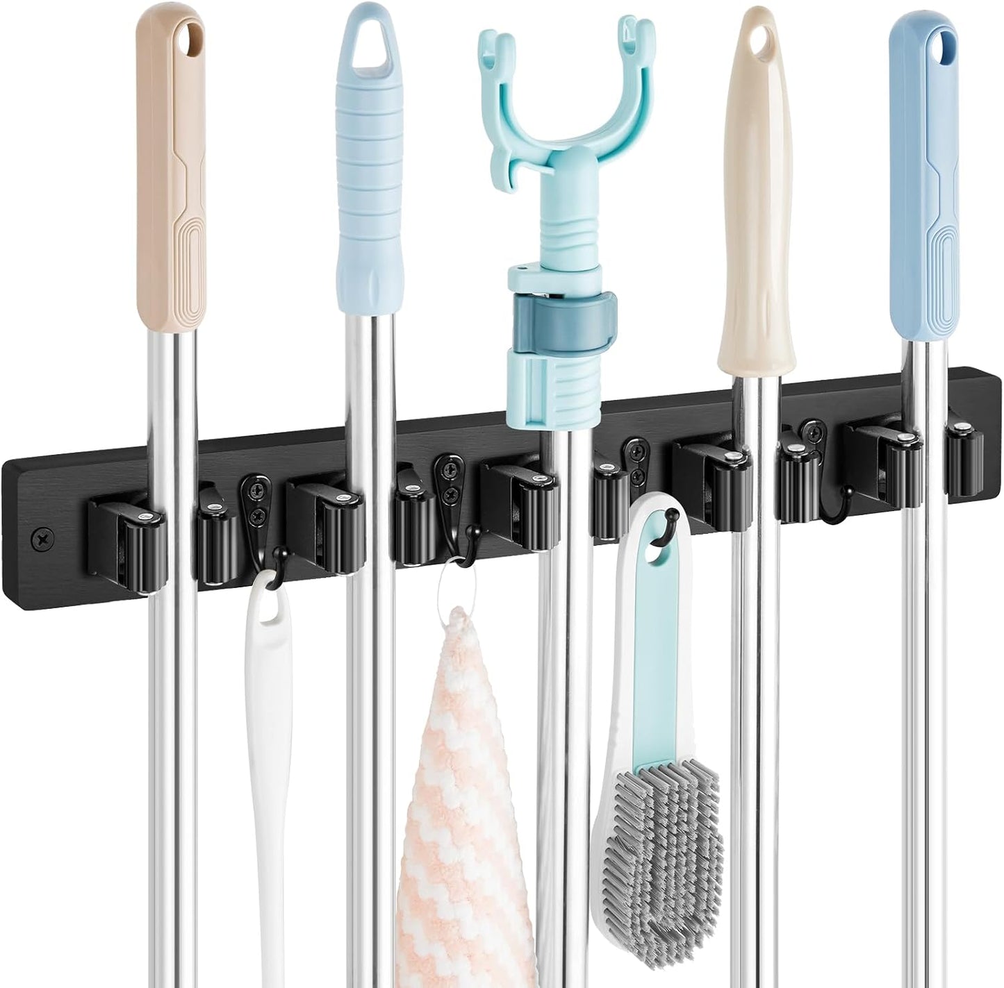 OUTNILI Mop and Broom Holder Wall Mount - Wood Broom Mop Hanger - Wall Mounted Garden Tool Rack Organizer for Closet Garage Laundry Room, Rustic Kitchen Decor With 4 Slots & 4 Hooks