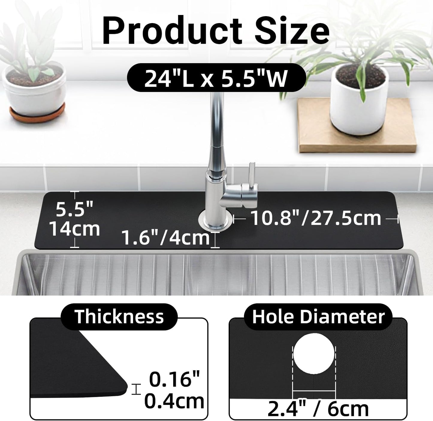 LOPNUR Cuttable Faucet Mat for Kitchen Sink, Extra Long 29 Inch, Black | Super Absorbent & Fast Dry Diatomite Sink Splash Guard, 0.8-2.4 Inch Adjustable Faucet Hole, Cut to Fit Bathroom & RV Sinks