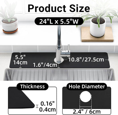 LOPNUR Cuttable Faucet Mat for Kitchen Sink, Extra Long 29 Inch, Black | Super Absorbent & Fast Dry Diatomite Sink Splash Guard, 0.8-2.4 Inch Adjustable Faucet Hole, Cut to Fit Bathroom & RV Sinks
