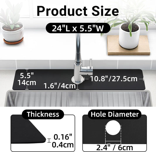 LOPNUR Cuttable Faucet Mat for Kitchen Sink, Long 24x5.5 Inch, Black | Super Absorbent & Fast Dry Diatomite Sink Splash Guard, 0.8-2.4 Inch Adjustable Faucet Hole, Cut to Fit Bathroom & RV Sinks