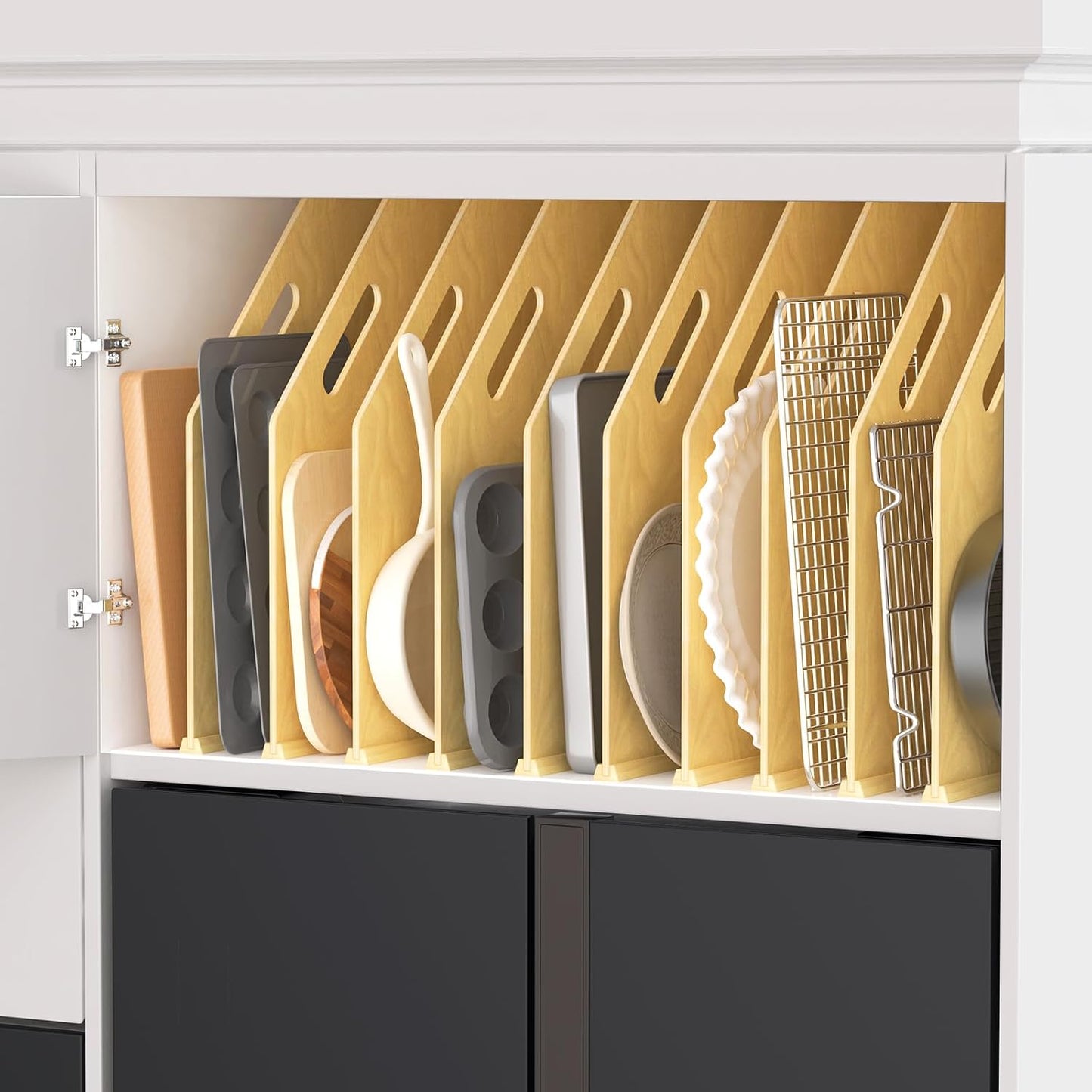4 Pack Wood Tray Dividers for Cabinet, Cookie Sheet Organizer for Cabinet | No cutting required, Premium Wood, 2 Assembly Methods, Kitchen Cabinet Dividers for Storing pans, Baking tray, Cutting Board