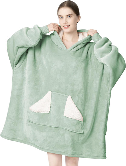 Wearable Blanket Hoodie, Oversized Sherpa Fleece Sweatshirt Blanket with Giant Hood Pocket and Sleeves for Adult, Warm & Cozy Grey Blanket Gifts for Women