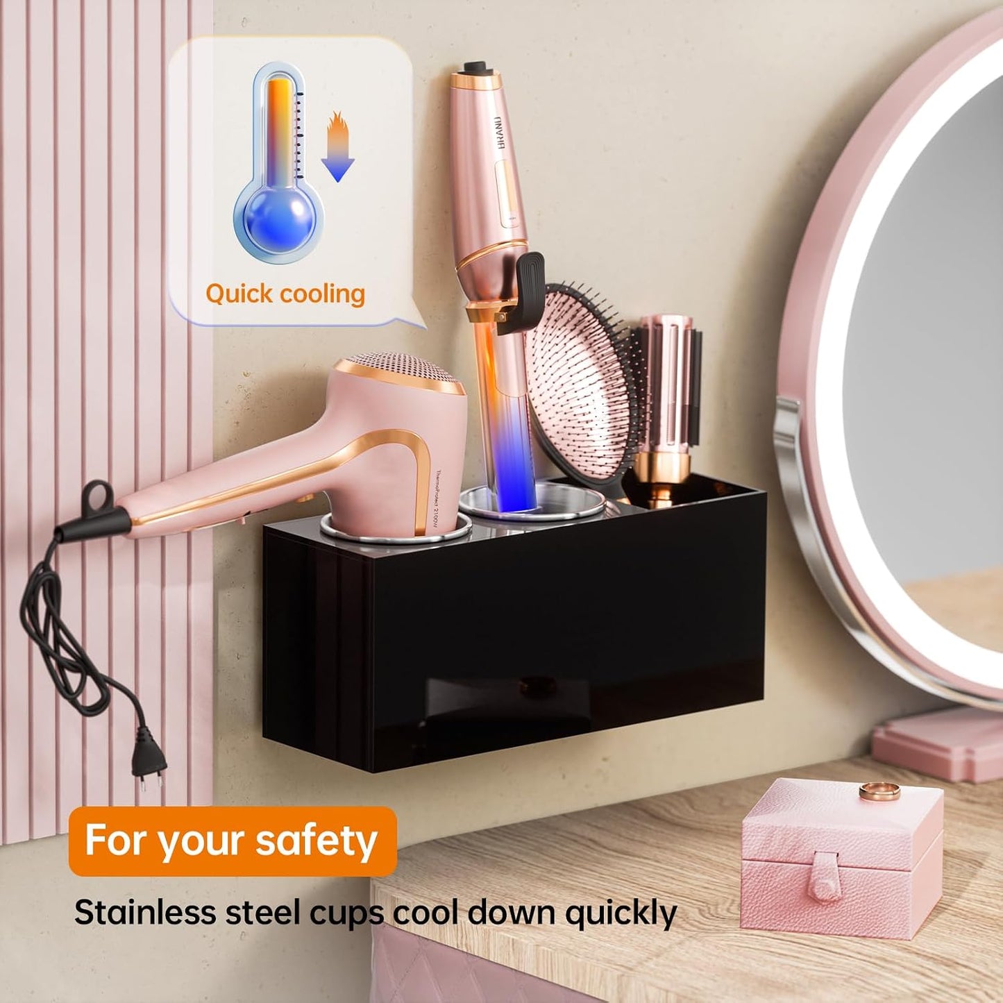 YUNEASELF Hair Tool Organizer Acrylic: Hair Dryer Holder Wall Mount - Blow Dryer Holder Cabinet Door - Bathroom Countertop Organizer for Curling Iron Hot Styling Tools Flat Iron - Black