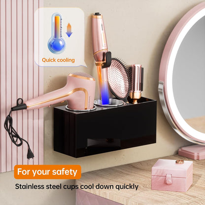 YUNEASELF Hair Tool Organizer Acrylic: Hair Dryer Holder Wall Mount - Blow Dryer Holder Cabinet Door - Bathroom Countertop Organizer for Curling Iron Hot Styling Tools Flat Iron - Black