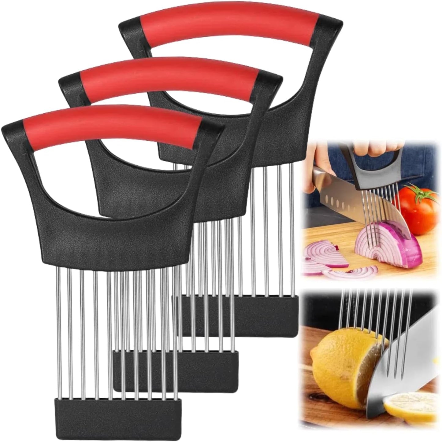 Onion Slice Holder, 2024 New Stainless Steel Holder for Slicing, Chopper Assistant Tool, Cutter for Meat, Onion, Potato, Tomato Kitchen Gadgets (Black, 2 Pack)