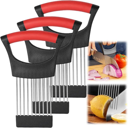 Onion Slice Holder, 2024 New Stainless Steel Holder for Slicing, Chopper Assistant Tool, Cutter for Meat, Onion, Potato, Tomato Kitchen Gadgets (Black, 2 Pack)