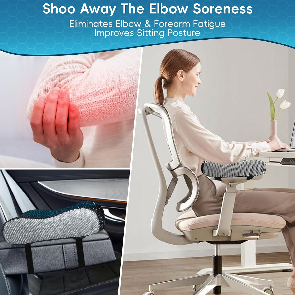 Cooling Gel Armrest Pads,Thick Memory Foam Elbow Pillow for Desk & Gaming Chairs Ergonomic Forearm Support for Pressure Relief,Universal Adjustable Cushion for Work from Home (Set of 2) (Black)