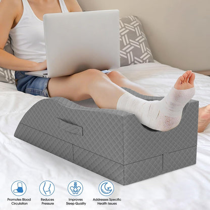 TranquilRelax Leg Elevation Pillows for After Surgery, Wedge Pillow, Grey | Memory Foam, All-around Knee & Ankle Support for Swelling, Height-adjustable, Nop-Slip Bottom, Washable Cover, Single-leg