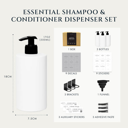 FINESSY Amber Shampoo and Conditioner Dispenser for Shower Wall No Drill | 3 Plastic 17oz Fillable Shower Bottles With Labels. Shower Shampoo Dispenser Wall Mounted. Airbnb Empty Soap Pump Bottles.