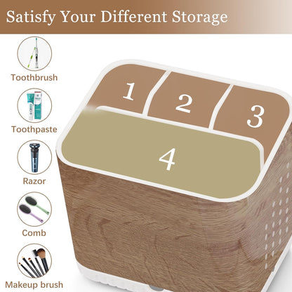 Bathroom Toothbrush Holders, Toothbrush and Toothpaste Holder (Wood Grain) | Easy To Clean, Drainage, Removable, Non-Slip, 4 Slots Tooth Brush Holder for Bathroom Countertop Organizer