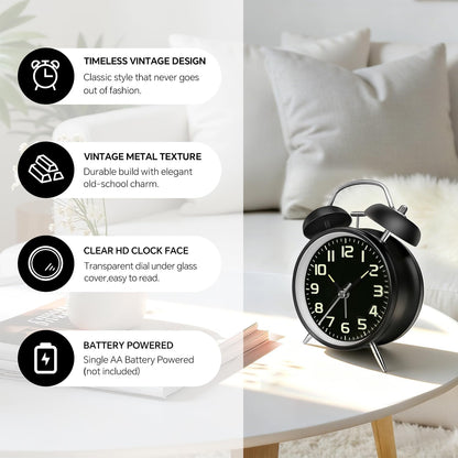 4.5" Metal Loud Alarm Clock for Heavy Sleepers Adults, Analog Battery Operated Alarm Clock with Bells Glow in Dark Numbers, Silent Old School Bedside Desk Clock for Bedroom Office Kids, Black