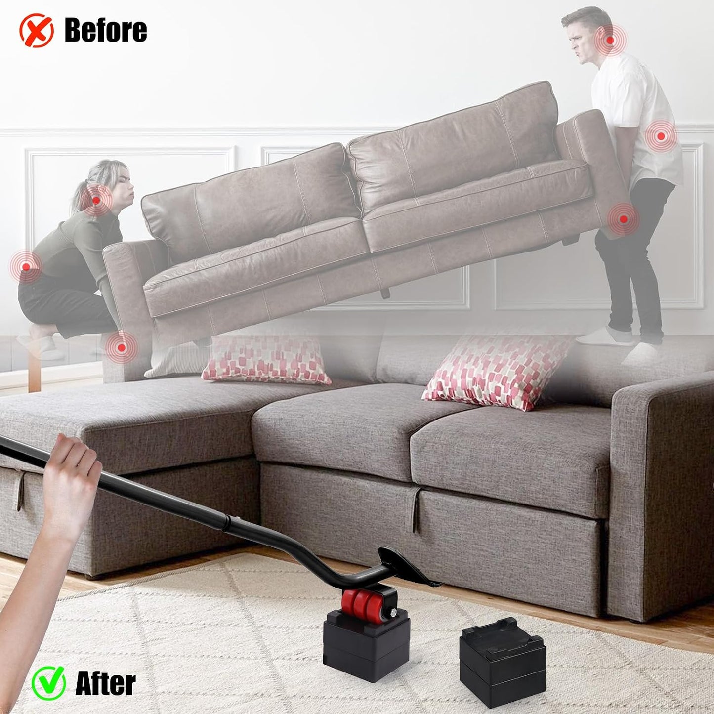 22" Furniture Lifter Tool, Appliance Metal Lifter for Heavy Furniture Grey | 1 Lifter Tool, 4 Raise Blocks, Movers, Sliders & Wheels to Move Sofa, Refrigerator, Washing Machine Easily & Safely