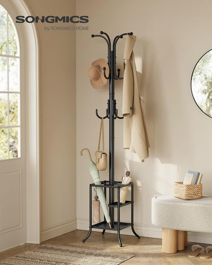 SONGMICS Coat Rack Freestanding Metal Coat Rack Stand with 12 Hooks | Coat Rack with Umbrella Holder