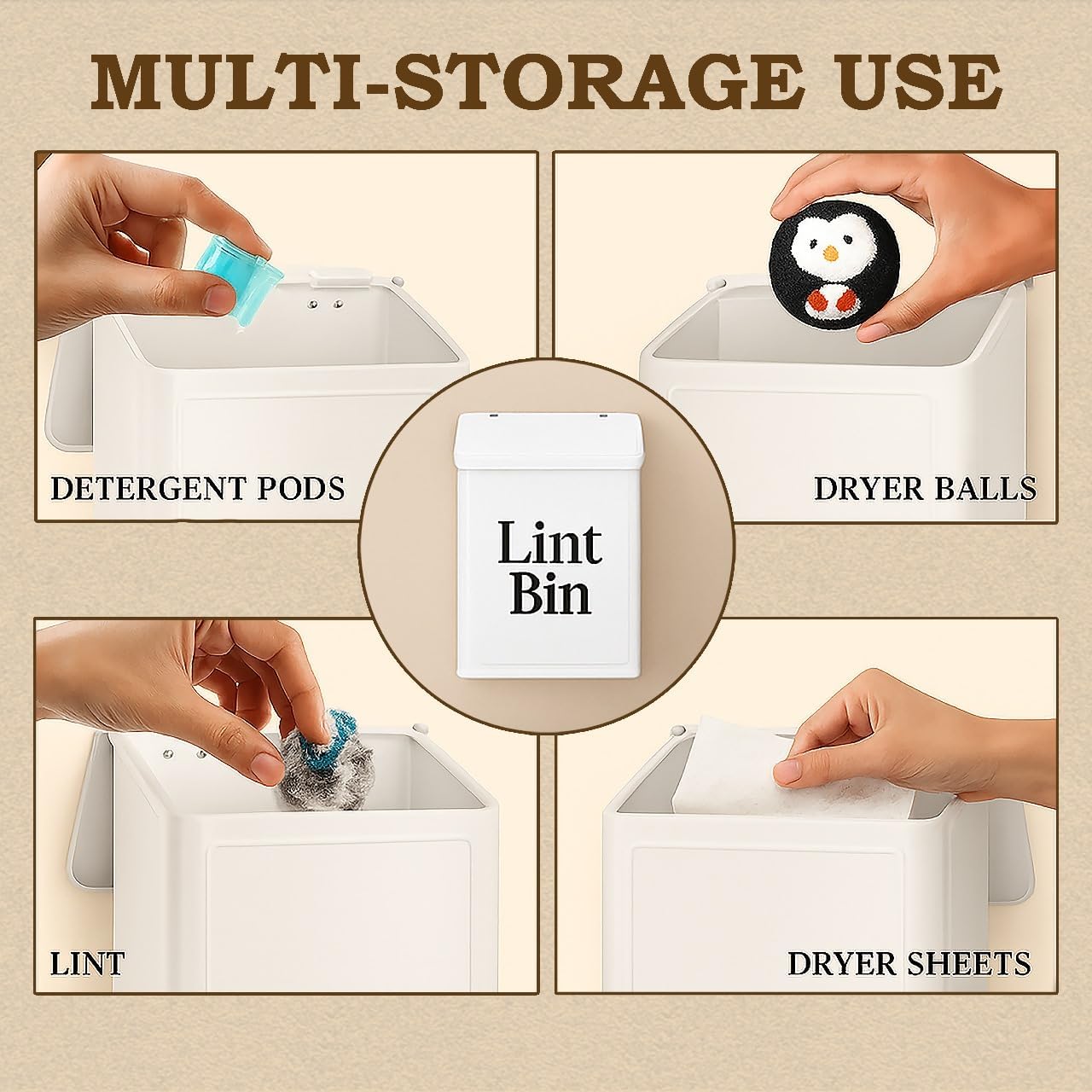 Magnetic Lint Bin for Laundry Room Organization & Storage, Wall-Mounted Dryer Lint Bin Trash Can with Lid, Lint Box Includes Brush, 2 White Hooks, 1 Black Hook, Screws & Magnet Glue (White)