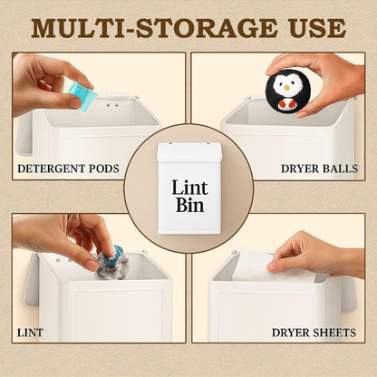 Magnetic Lint Bin for Laundry Room Organization & Storage, Wall-Mounted Dryer Lint Bin Trash Can with Lid, Lint Box Includes Brush, 2 White Hooks, 1 Black Hook, Screws & Magnet Glue (White)