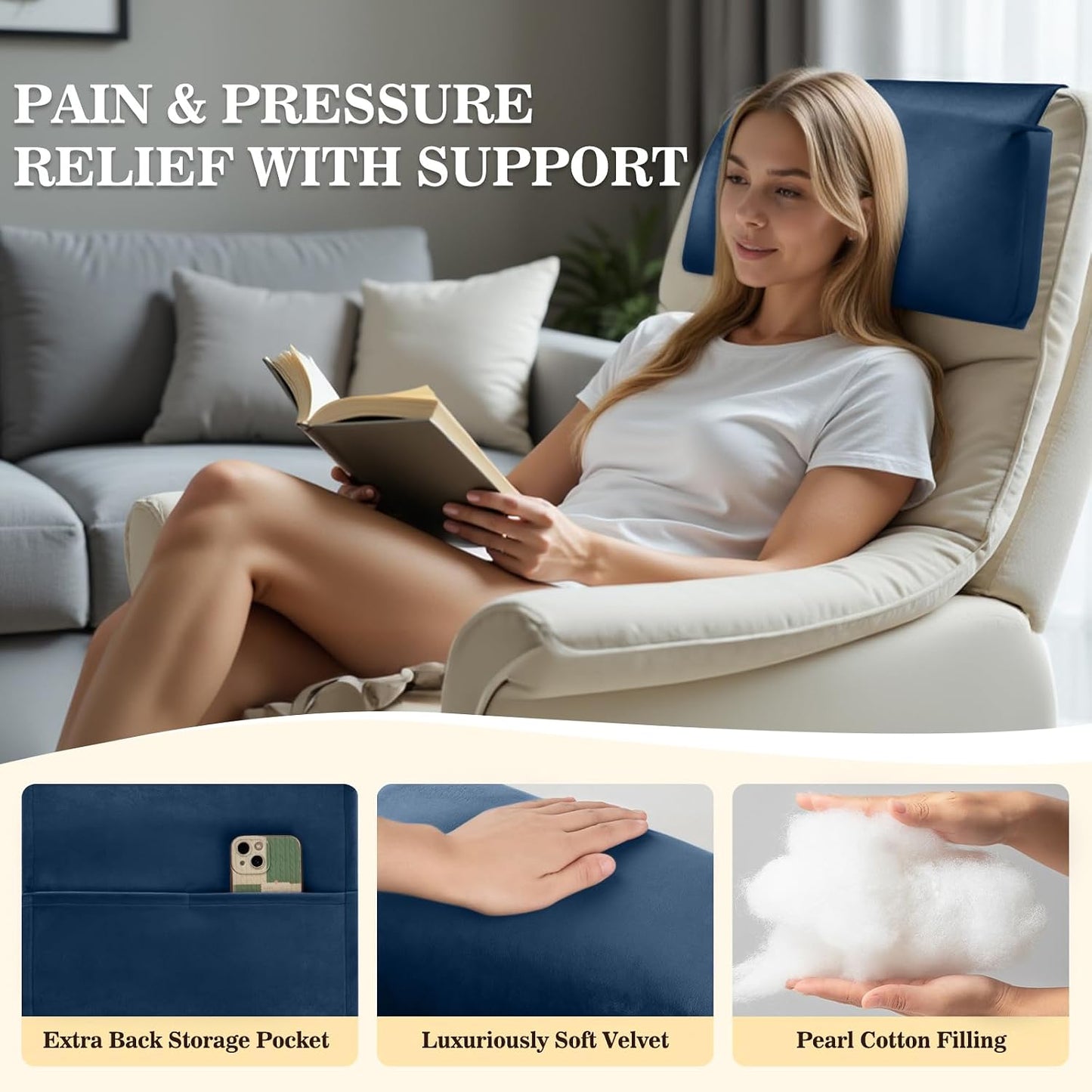 Recliner Headrest Pillow, Adjustable Comfort Neck & Head Support Pillow | Soft Velvet, Weighted Non-Slip Flap, Adjustable Filling, Washable Cover, for Recliners, Sofas, Office Chairs