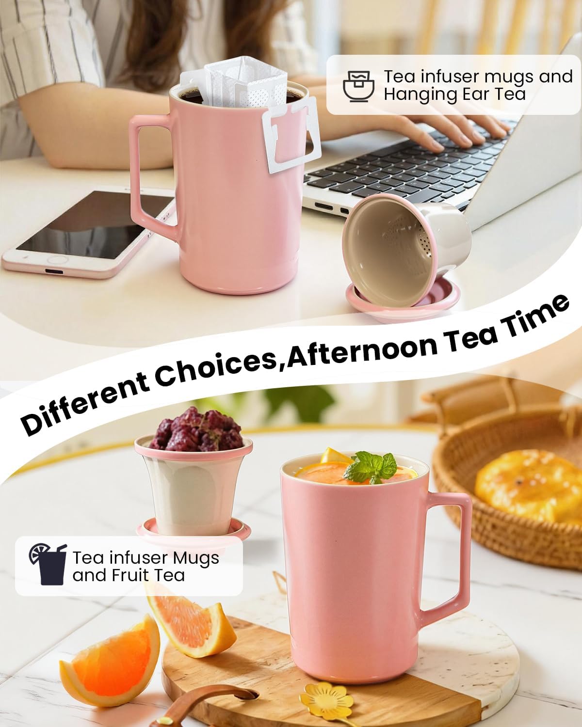 15 oz Ceramic Tea Infuser Cup with Lid - Tea Mug with All Porcelain Strainer for Loose Leaf Teas,Microwave and Dishwasher Safe,Metal-Free,BPA-Free for Tea Lovers/Birthday (Black)