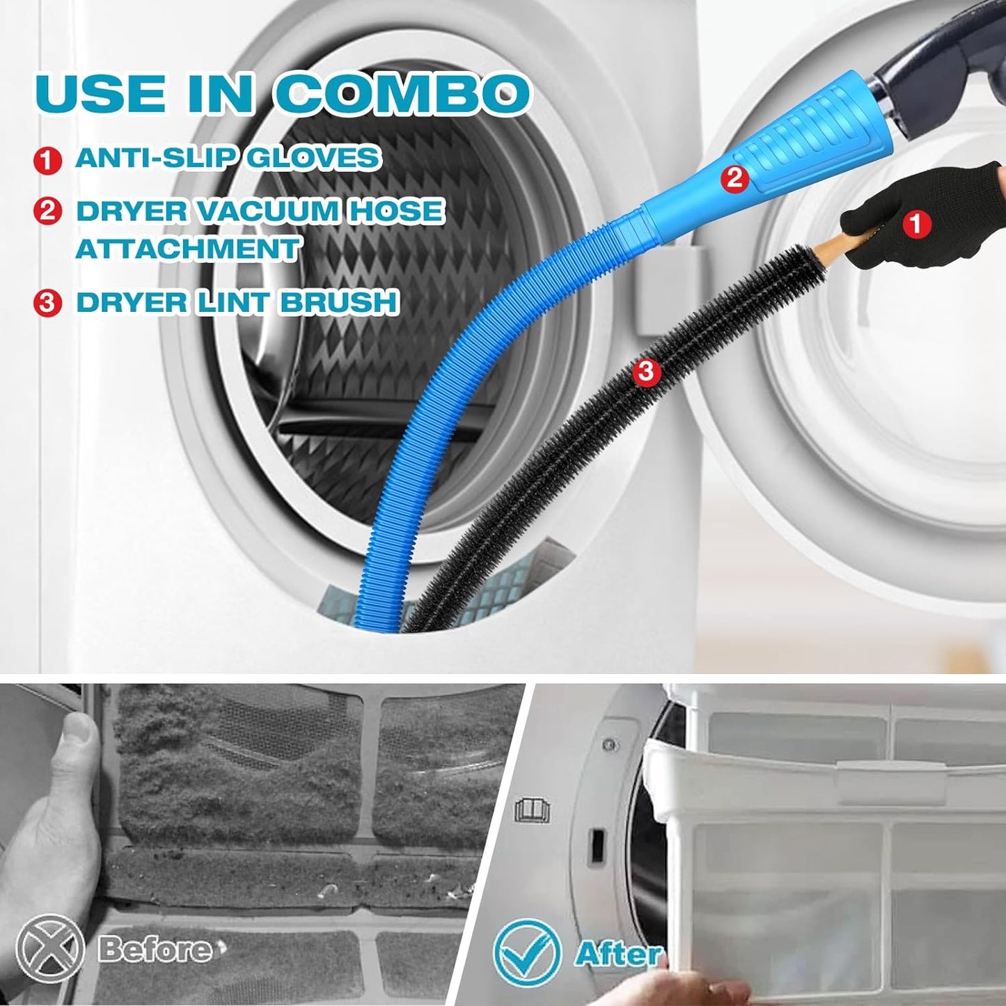 Sealegend 15-Piece 25-Feet Dryer Vent Cleaner Kit, Dryer Cleaning Tools, Omnidirectional Dryer Lint Vacuum Attachment, Dryer Vent Brush, Universal Vacuum & Dryer Adapters (Blue) | Omnidirectional Blue Dryer Lint Vacuum Attachment & Lint Trap Brush Clean