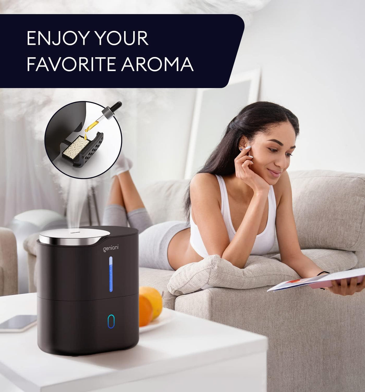 GENIANI Cool Mist Air Humidifiers for Bedroom, Plants, and Large Rooms - Quiet Humidifiers for Baby Room with Auto Shut Off & Night Light (3.9L, White)