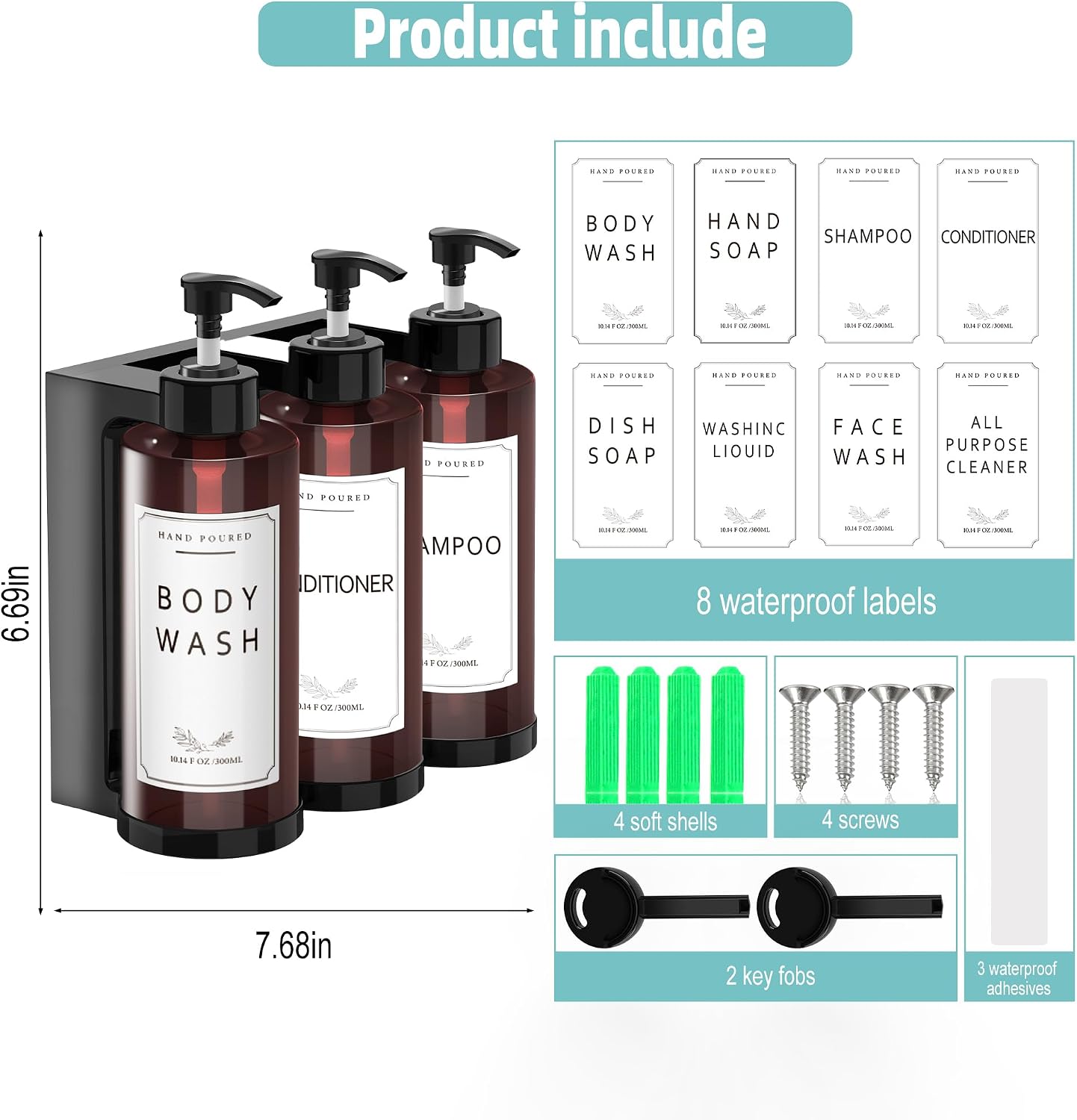 Plastic Shampoo Dispenser Body Wash Dispenser Wall Mount for Home | Shampoo and Conditioner Dispenser No-Drill 3 Chamber Wall Mounted Shower Soap Dispenser Refillable Pump Bottle for Bath Hotel