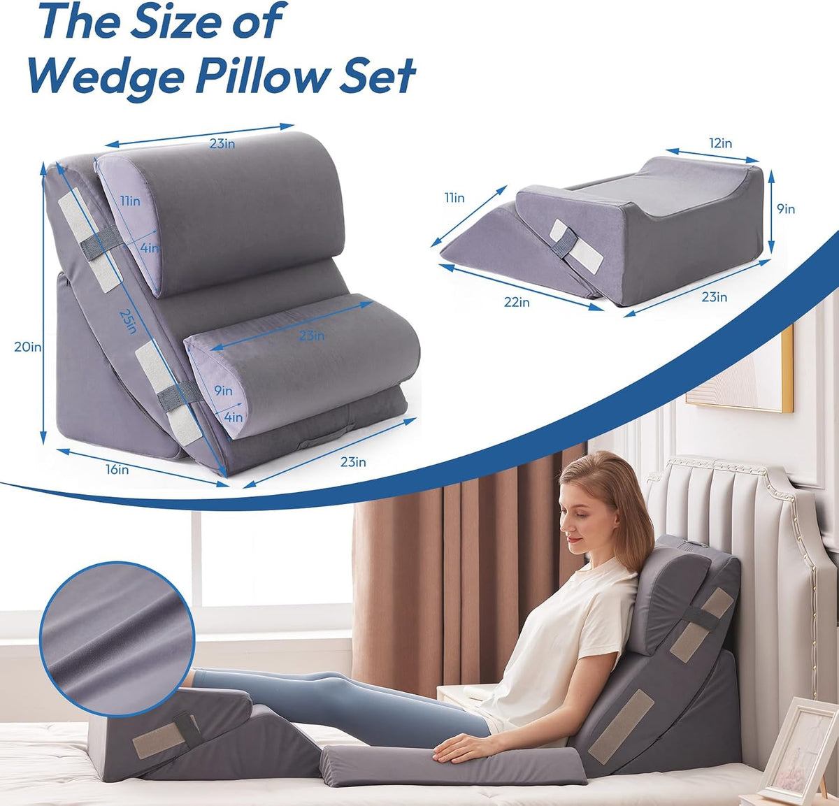 Ahpmeoa 6PCS Wedge Pillow Set for After Surgery, Back Pillow for Bed Sitting Up, Orthopedic Bed Wedge for Body, Leg Pain Relief, Memory Foam Pillow for Post Surgery, Sleeping, Acid Reflux, Plush Grey