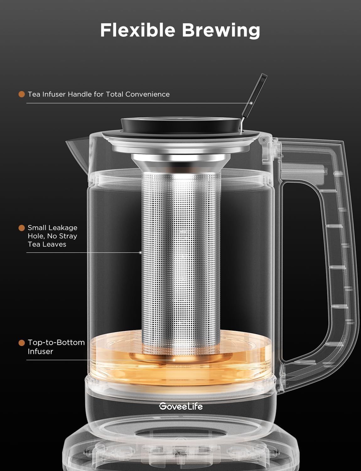 GoveeLife Smart Electric Kettle with Tea Infuser for Loose Leaf, 1.7 L Electric Tea Kettle with Brewing Program, Variable Temperature Control, 2 H Keep Warm & Auto Shut-Off, BPA Free. Black | Electric Tea Kettle with Brewing Program, Variable Temperature