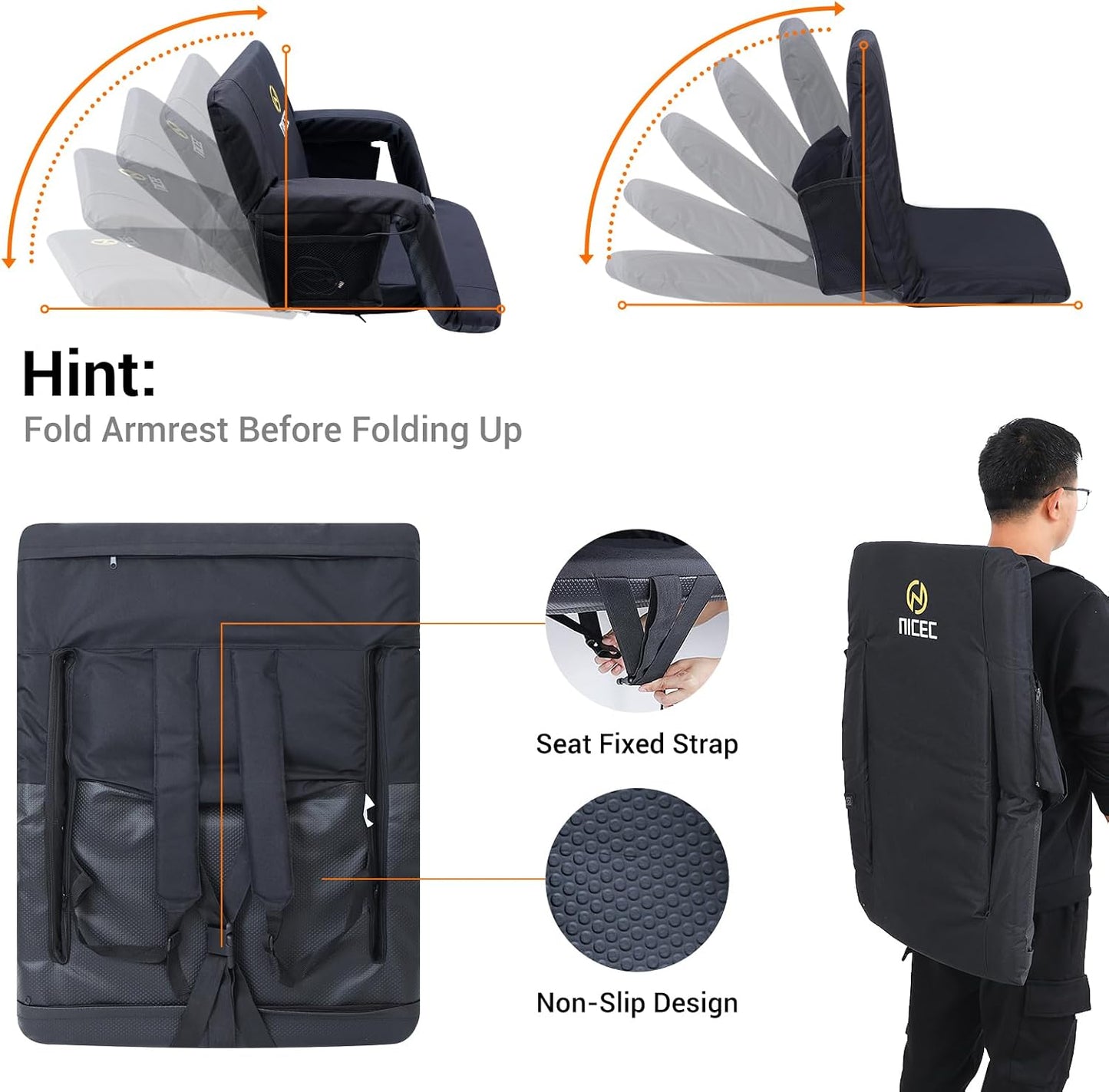 Nice C Heat Massage Stadium Seat, Reclining Bleacher Seat (Regular 1 Pack) | Foldable Floor Arena Chair, Waterproof Stadium Cushion, Thick Padding, Back Support, Shoulder Straps, Side Pockets