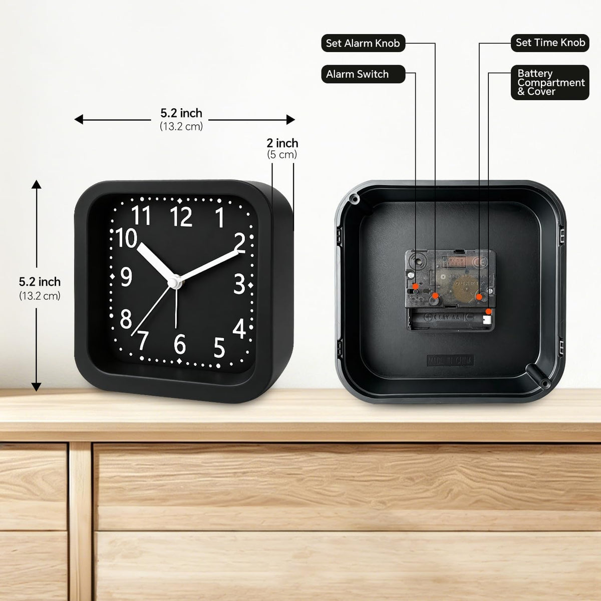 Loud Alarm Clock for Heavy Sleepers, 4.5" Simple Square Analog Alarm Clocks with Silent Movement Battery Operated Easy-to-Read Dial, Plastic Small Desk Clock for Bedroom Teens Seniors, Black