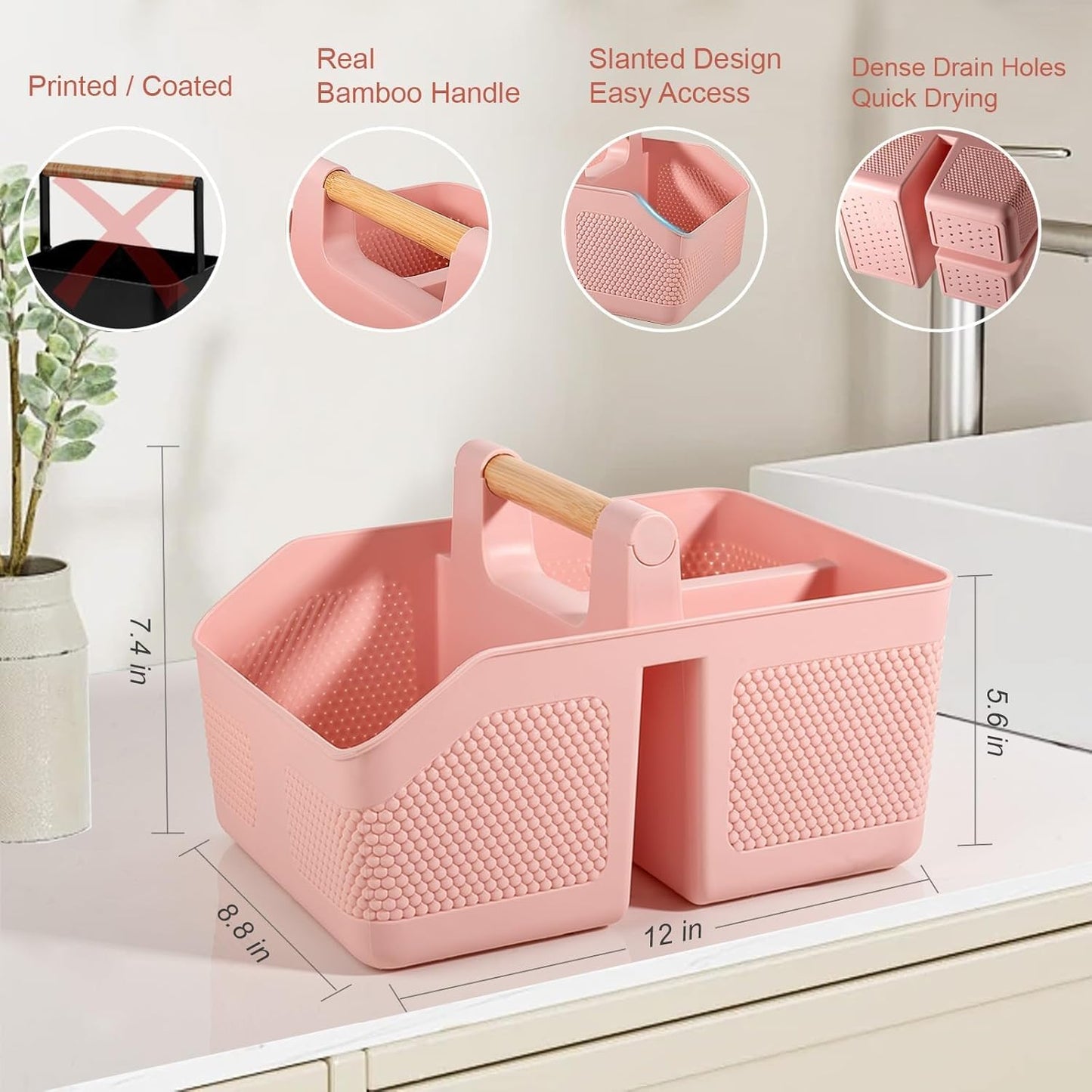 Plastic Shower Caddy Portable Shower Basket with Bamboo Handle, White | Cleaning Caddy Organizer Storage Tote for Bathroom, College Dorm Essentials, Bath Toy Storage