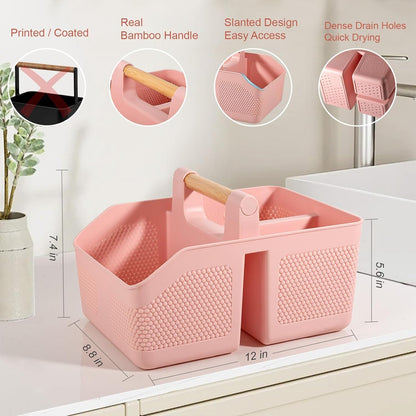 Plastic Shower Caddy Portable Shower Basket with Bamboo Handle, White | Cleaning Caddy Organizer Storage Tote for Bathroom, College Dorm Essentials, Bath Toy Storage