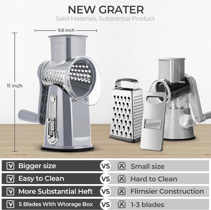 SUSTEAS Rotary Cheese Grater 5 Blades,Kitchen Mandoline Vegetable Slicer | White, Easy to Clean, Strong Suction Base, 5 Blades Storage Box, Round Mandoline Slicer & Food Chopper for Salad