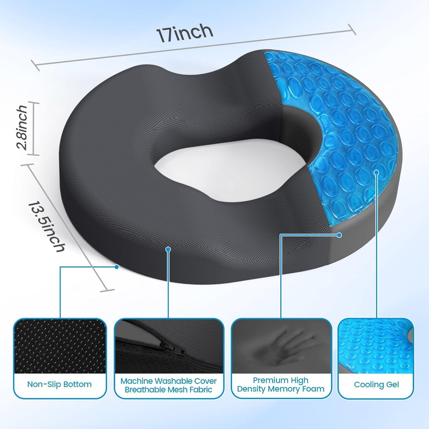Donut Pillow Seat Cushion, Cooling Gel Memory Foam Chair Cushion, Black | Office, Home & Car Seat Cushion, Butt Pillow for Tailbone Pain Relief, Hemorrhoids and Everyday Sitting Comfort