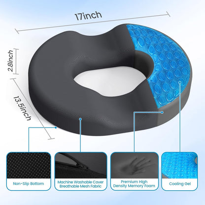 Donut Pillow Seat Cushion, Cooling Gel Memory Foam Chair Cushion, Black | Office, Home & Car Seat Cushion, Butt Pillow for Tailbone Pain Relief, Hemorrhoids and Everyday Sitting Comfort