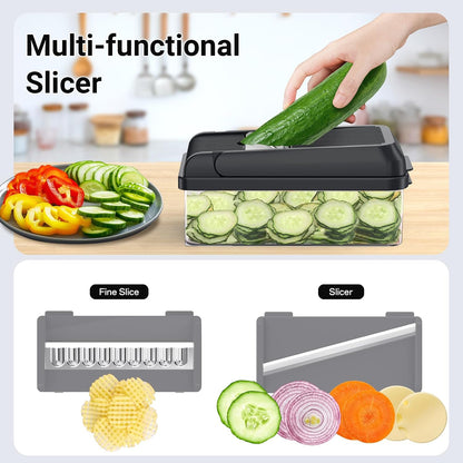 12-in-1 Vegetable Chopper with 7 Blades, Food Veggie Cutter, Green | Includes Egg Separator, Food Container and Finger Guard, Non-slip Base, for Chopping, Slicing, Shredding, and Mincing
