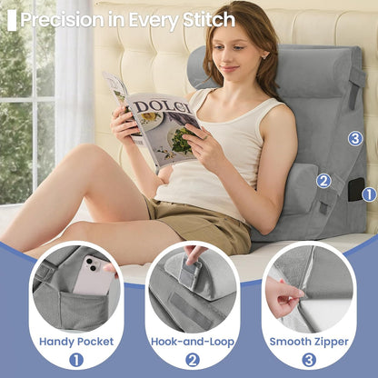 Sasttie Adjustable Wedge Pillow Set for After Surgery, Dark Grey & White | Bed Wedge Pillow Headboard with Memory Foam Neck Cushion, for Acid Reflux, Sleeping, Neck & Back Support
