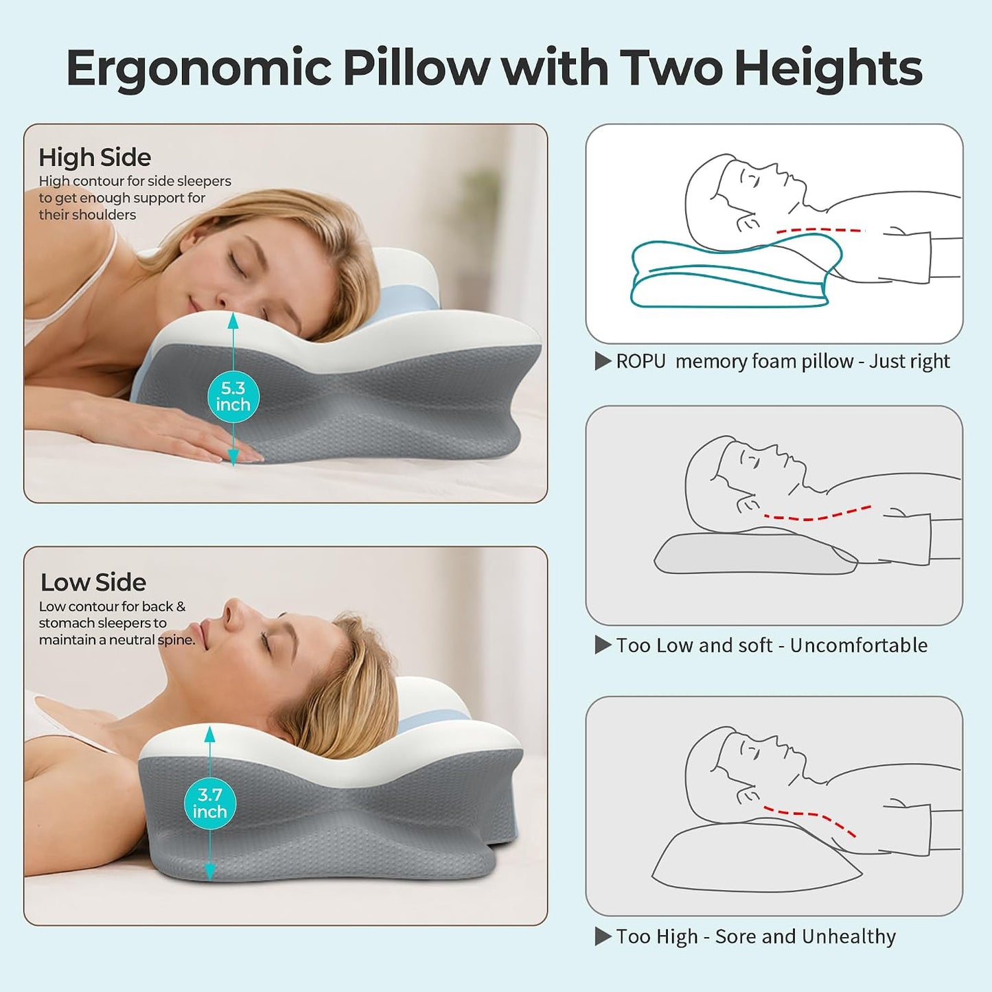 Cervical Neck Pillow - Contour Memory Foam Pillows for Pain Relief | Ergonomic Pillow for Sleeping, Side Sleeper Pillow for Neck Support, Bed Pillow for Back Stomach Sleepers