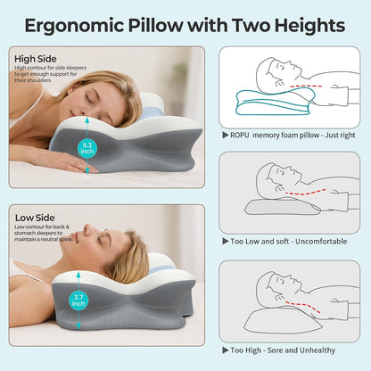 Cervical Neck Pillow - Contour Memory Foam Pillows for Pain Relief | Ergonomic Pillow for Sleeping, Side Sleeper Pillow for Neck Support, Bed Pillow for Back Stomach Sleepers