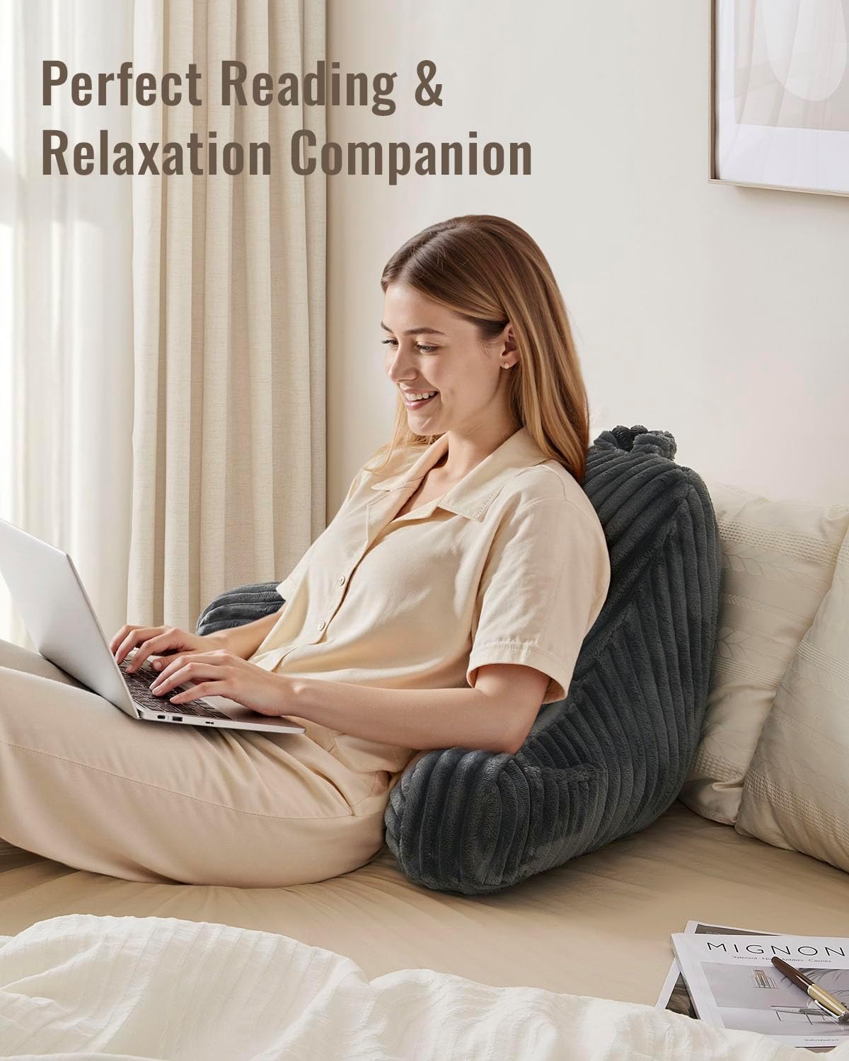Blissful Diary Reading Pillow, Backrest Pillow with Shredded Memory Foam for Adult & Children, Designed for Bed and Couch Sitting Up, Includes Arms, Pockets and Washable Cover, Off White