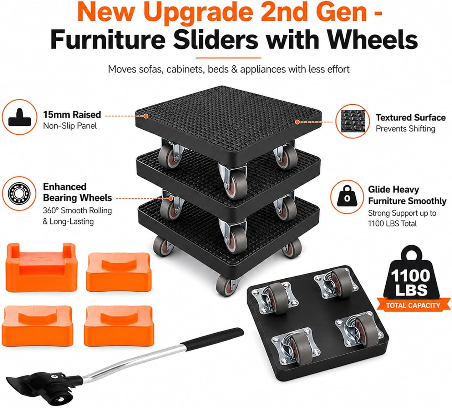 New Upgrade Furniture Sliders Furniture Movers with 4 Wheels, Furniture Lift Mover Tool Set with 360° Rotatable, Furniture Dolly for Moving Heavy Duty Sofa, Bed, Maximum Load 850LBS
